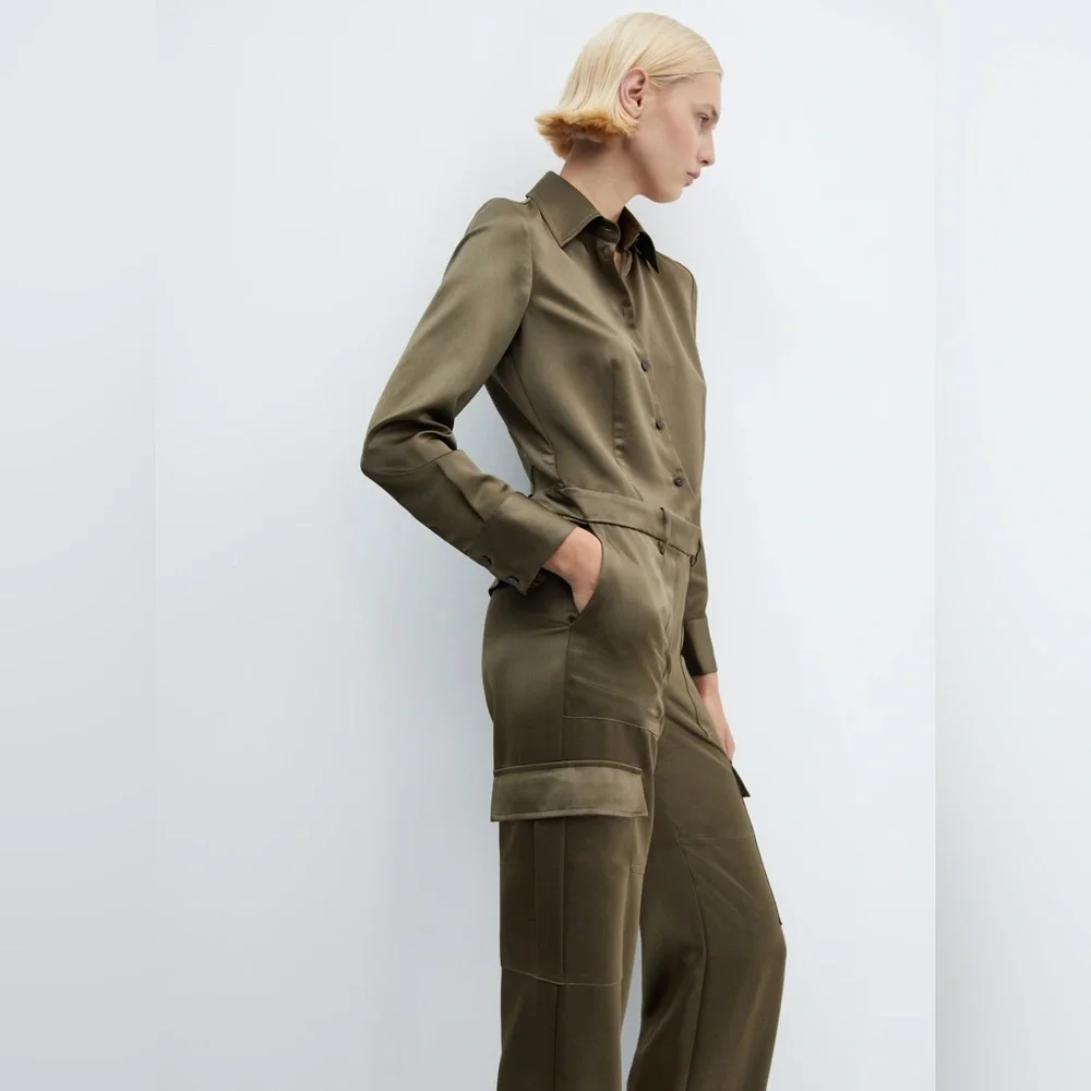 Mango khaki satin jumpsuit NWT